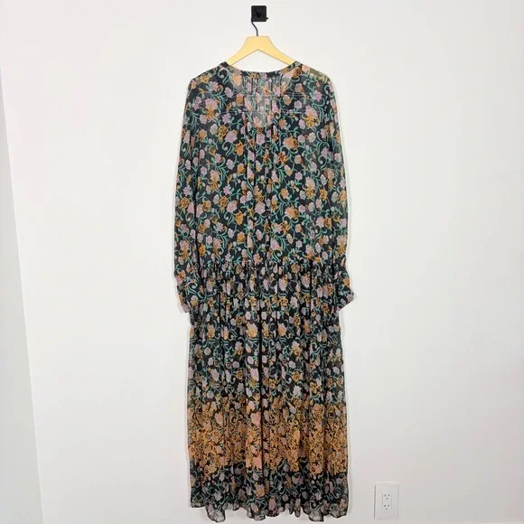 Free People See it Through Maxi Black Combo Large Long Sleeve Boho Flowy Tiered - Picture 9 of 11